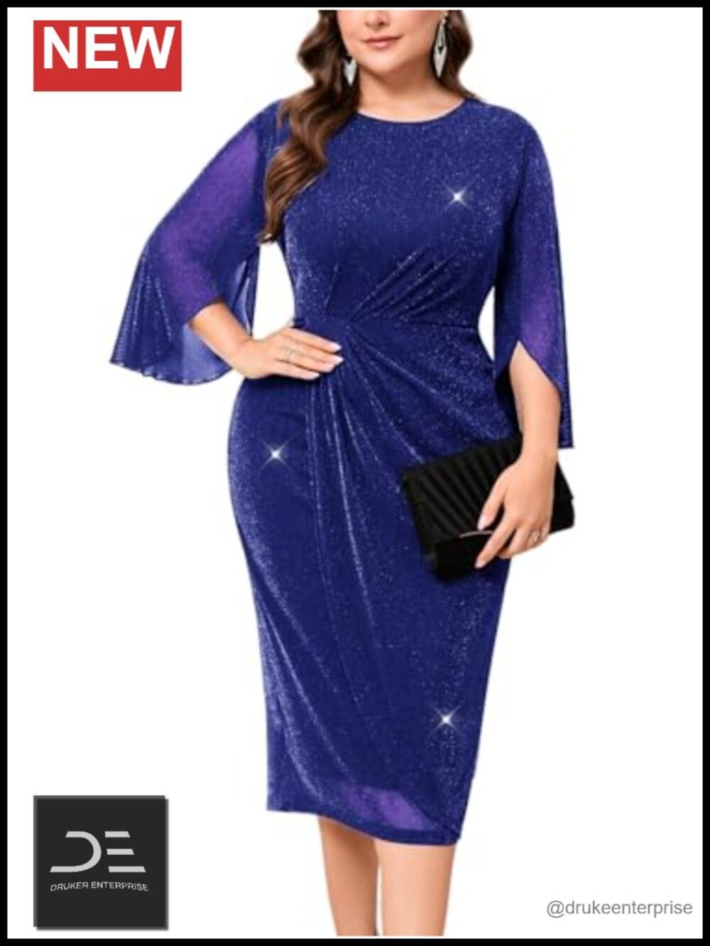 Plus Size Mesh Cocktail Dress 3/4 Sleeve Round Neck Midi Wedding Guest Party